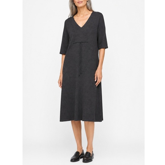 Eileen Fisher Dresses & Skirts - Eileen Fisher 100% Italian Merino Wool V Neck Midi Sweater Dress Charcoal Gray M